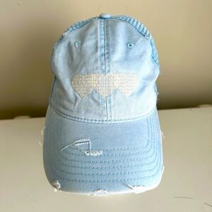Aerie Light Blue Distressed Denim Mesh Hat  embroidered‎ hearts
